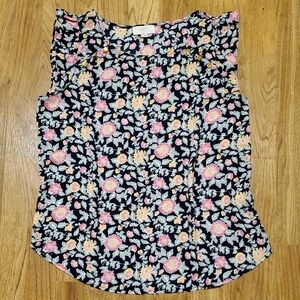 LOFT Floral Flutter Sleeve Top Gold Accent Buttons Petite Small Navy Pink Green